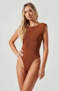 Santa Fe Padded Shoulder Open Back Cross Strap Bodysuit -Outlet Cozi Luxe Store ACT17054 NUTMEG 5