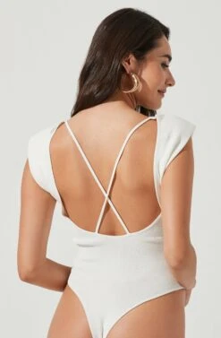 Santa Fe Padded Shoulder Open Back Cross Strap Bodysuit -Outlet Cozi Luxe Store ACT17054 WHITE 5