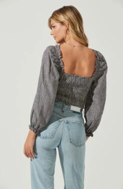 Cardiff Gingham Sweetheart Neck Long Sleeve Top -Outlet Cozi Luxe Store ACT17072 NAVYWHITEGINGHAM 5 1