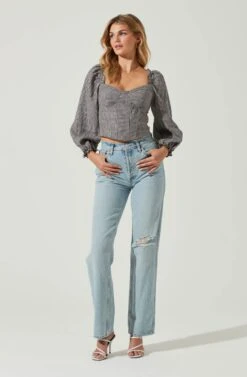 Cardiff Gingham Sweetheart Neck Long Sleeve Top -Outlet Cozi Luxe Store ACT17072 NAVYWHITEGINGHAM 5 2