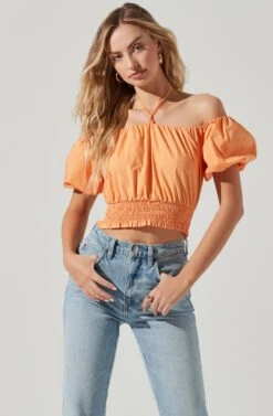 Aldrin Halter Neck Off Shoulder Puff Sleeve Top