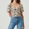 Florian Square Neck Ruched Bubble Sleeve Top -Outlet Cozi Luxe Store ACT17149 BLACKCREAMFLORAL 2
