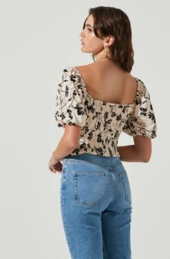 Florian Square Neck Ruched Bubble Sleeve Top -Outlet Cozi Luxe Store ACT17149 BLACKCREAMFLORAL 4