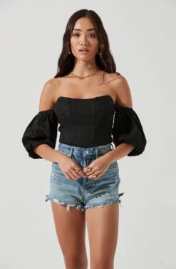 Lima Off Shoulder Corset Bubble Sleeve Top -Outlet Cozi Luxe Store ACT17155 BLACK 1775