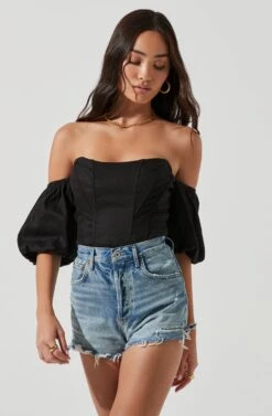 Lima Off Shoulder Corset Bubble Sleeve Top -Outlet Cozi Luxe Store ACT17155 BLACK 1776