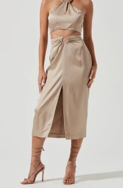 Robin Tie Waist Cutout Midi Skirt -Outlet Cozi Luxe Store ACT17181 KHAKI 1937