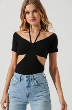 Monterey Halter Neck Cutout Bodysuit -Outlet Cozi Luxe Store ACT17210 BLACK 1227