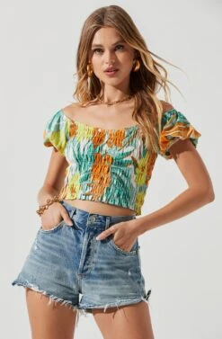 Jemma Tropical Print Smocked Top -Outlet Cozi Luxe Store ACT17229 BLUEORANGETROPICAL 1377