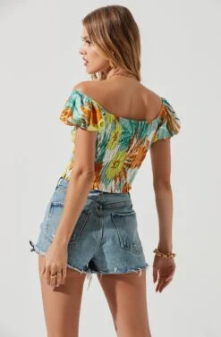 Jemma Tropical Print Smocked Top -Outlet Cozi Luxe Store ACT17229 BLUEORANGETROPICAL 1388