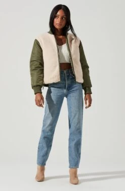 Tegan Faux Shearling Contrast Puffer Jacket -Outlet Cozi Luxe Store ACT17307 OLIVE IVORY 0926