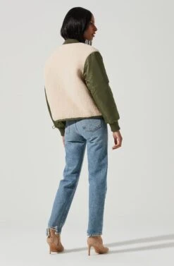 Tegan Faux Shearling Contrast Puffer Jacket -Outlet Cozi Luxe Store ACT17307 OLIVE IVORY 0936