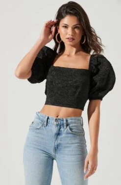 Tassia Jacquard Puff Sleeve Top -Outlet Cozi Luxe Store ACT17320 BLACK 0390