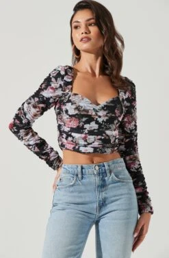 Erica Floral Ruched Long Sleeve Top -Outlet Cozi Luxe Store ACT17322 BLACKMULTIFLORAL 0331