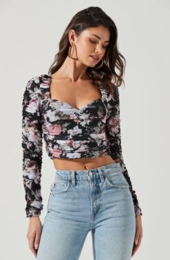 Erica Floral Ruched Long Sleeve Top -Outlet Cozi Luxe Store ACT17322 BLACKMULTIFLORAL 0335