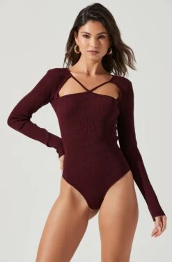 Maude Halter Long Sleeve Bodysuit -Outlet Cozi Luxe Store ACT17325 DARKWINE 1571