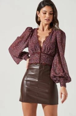 Zanna Floral Lace Trim Long Sleeve Top -Outlet Cozi Luxe Store ACT17333 BROWNPURPLEDITSY 1238