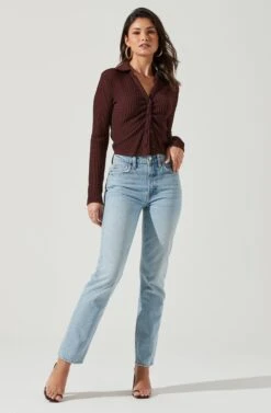 Lamora Waffle Knit Ruched Button Down Top 24 Lamora Waffle Knit Ruched Button Down Top -Outlet Cozi Luxe Store ACT17338 BROWN 0226 3