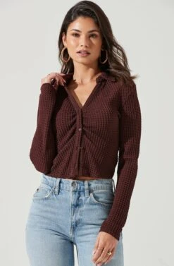 Lamora Waffle Knit Ruched Button Down Top 20 Lamora Waffle Knit Ruched Button Down Top -Outlet Cozi Luxe Store ACT17338 BROWN 0226 4