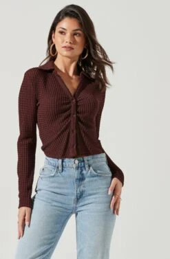 Lamora Waffle Knit Ruched Button Down Top 22 Lamora Waffle Knit Ruched Button Down Top -Outlet Cozi Luxe Store ACT17338 BROWN 0226 5