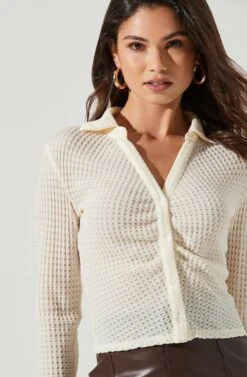 Lamora Waffle Knit Ruched Button Down Top 16 Lamora Waffle Knit Ruched Button Down Top -Outlet Cozi Luxe Store ACT17338 IVORY 1357