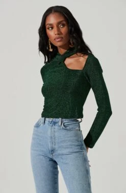 Crane Metallic Cutout Long Sleeve Top -Outlet Cozi Luxe Store ACT17378 GREENMETALLIC 2