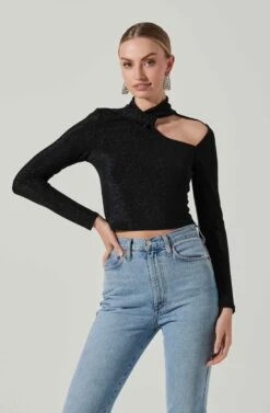 Crane Metallic Cutout Long Sleeve Top -Outlet Cozi Luxe Store ACT17378 MIDNIGHTMETALLIC 3