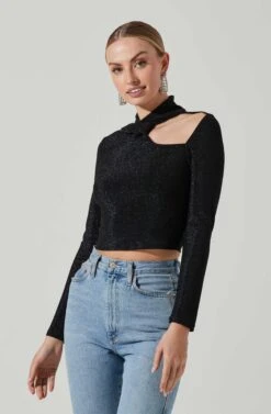 Crane Metallic Cutout Long Sleeve Top -Outlet Cozi Luxe Store ACT17378 MIDNIGHTMETALLIC 4