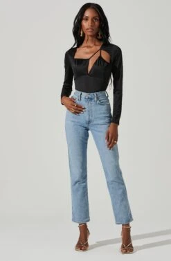 Lauren Satin Cutout Long Sleeve Bodysuit -Outlet Cozi Luxe Store ACT17395 BLACK 1