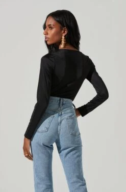 Lauren Satin Cutout Long Sleeve Bodysuit -Outlet Cozi Luxe Store ACT17395 BLACK 5