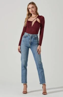 Lauren Satin Cutout Long Sleeve Bodysuit -Outlet Cozi Luxe Store ACT17395 WINE 1