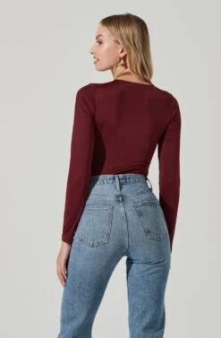 Lauren Satin Cutout Long Sleeve Bodysuit -Outlet Cozi Luxe Store ACT17395 WINE 5