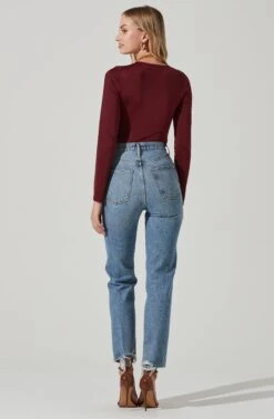 Lauren Satin Cutout Long Sleeve Bodysuit -Outlet Cozi Luxe Store ACT17395 WINE 6