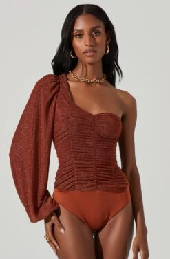 Marta Metallic Ruched One Sleeve Top 11 Marta Metallic Ruched One Sleeve Top -Outlet Cozi Luxe Store ACT17438 RUSTMETALLIC 3
