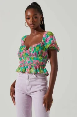 Leigh Floral Pleated Puff Sleeve Top -Outlet Cozi Luxe Store ACT17509 GREENPINKMULTI 2