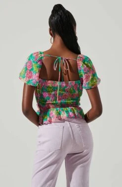 Leigh Floral Pleated Puff Sleeve Top -Outlet Cozi Luxe Store ACT17509 GREENPINKMULTI 4