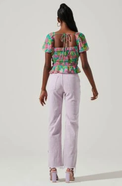 Leigh Floral Pleated Puff Sleeve Top -Outlet Cozi Luxe Store ACT17509 GREENPINKMULTI 5