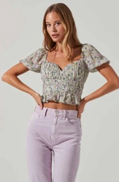 Leigh Floral Pleated Puff Sleeve Top -Outlet Cozi Luxe Store ACT17509 GREENPURPLEFLORAL 2