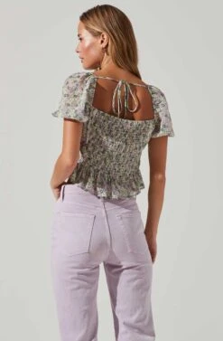 Leigh Floral Pleated Puff Sleeve Top -Outlet Cozi Luxe Store ACT17509 GREENPURPLEFLORAL 3