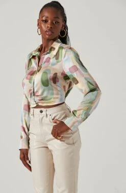 Camden Geo Print Button Down Top -Outlet Cozi Luxe Store ACT17611 GREENMULTIGEO 5 4