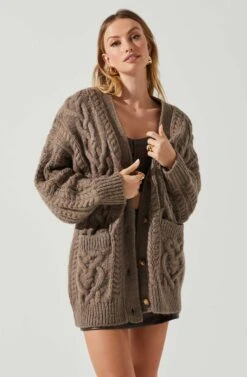 Charli Cable Knit Oversized Cardigan Sweater -Outlet Cozi Luxe Store ACT17626 MOCHA 3