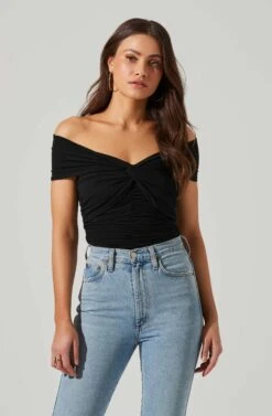 Cornelia Ruched Off Shoulder Bodysuit -Outlet Cozi Luxe Store ACT17694 BLACK 1 14