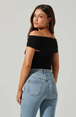 Cornelia Ruched Off Shoulder Bodysuit -Outlet Cozi Luxe Store ACT17694 BLACK 1 17
