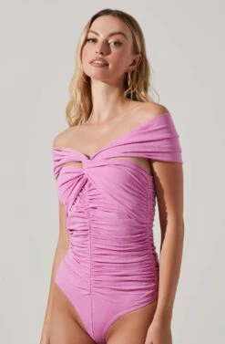 Cornelia Ruched Off Shoulder Bodysuit -Outlet Cozi Luxe Store ACT17694 PINK 3