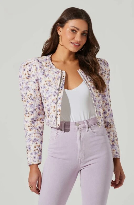 Brea Floral Quilted Cropped Puff Sleeve Jacket -Outlet Cozi Luxe Store ACT17697 LILACCORALMULTI 1 3