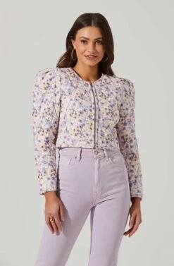 Brea Floral Quilted Cropped Puff Sleeve Jacket -Outlet Cozi Luxe Store ACT17697 LILACCORALMULTI 1 4