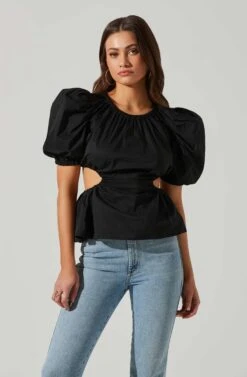Juno Side Cutout Puff Sleeve Peplum Top -Outlet Cozi Luxe Store ACT17698 BLACK 1 2