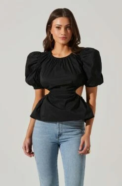 Juno Side Cutout Puff Sleeve Peplum Top -Outlet Cozi Luxe Store ACT17698 BLACK 1 3