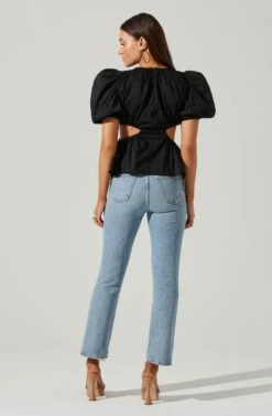 Juno Side Cutout Puff Sleeve Peplum Top -Outlet Cozi Luxe Store ACT17698 BLACK 1 5