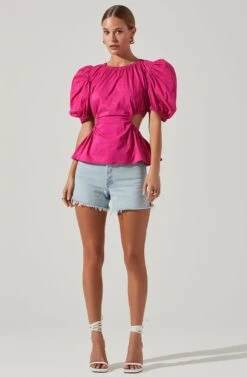 Juno Side Cutout Puff Sleeve Peplum Top -Outlet Cozi Luxe Store ACT17698 FUCHSIA 1