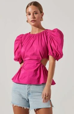 Juno Side Cutout Puff Sleeve Peplum Top -Outlet Cozi Luxe Store ACT17698 FUCHSIA 2